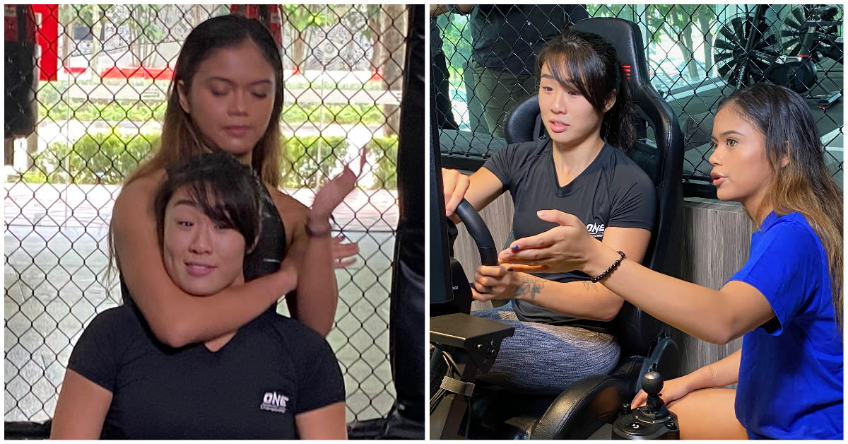 MMA champion Angela Lee and W Series race driver Bianca Bustamante try out each other's sport. (PHOTO: Chia Han Keong/Yahoo News Singapore)