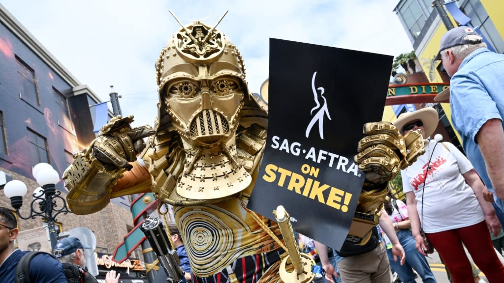 Members of SAG-AFTRA protest at the 2023 Comic-Con International: San Diego at the San Diego Convention Center on July 21, 2023 in San Diego, California.