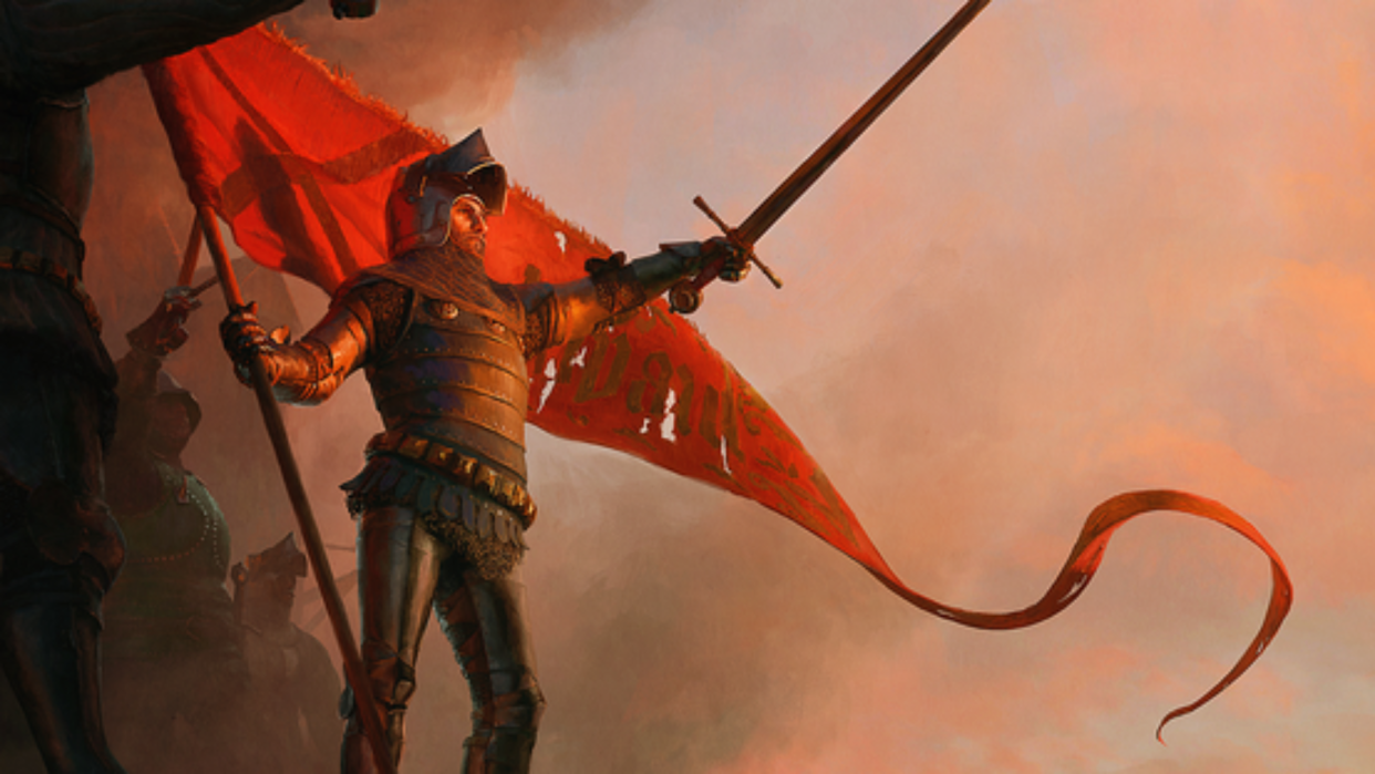 Knight holding a sword and standing in front of a red flag. 