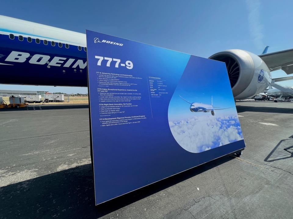 Boeing 777X Flight Test 1 aircraft at the Farnborough Air Show 2022.