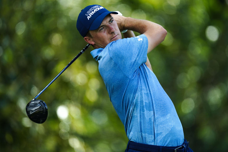 FILE - Jordan Spieth hits off the third tee during the second round of the Tour Championship golf tournament at East Lake Golf Club, Friday, Aug. 26, 2022, in Atlanta. Spieth will compete on the American team at the Presidents Cup beginning Thursday, Sept. 22. (AP Photo/John Bazemore)