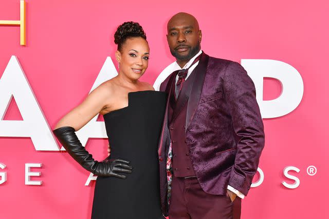 <p>Aaron J. Thornton/Getty</p> Morris Chestnut and his wife Pam Byse in 2023