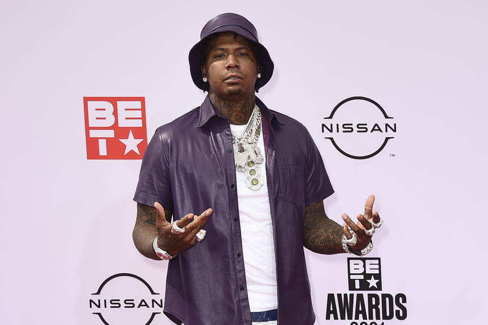 FILE - Moneybagg Yo arrives at the BET Awards on Sunday, June 27, 2021, at the Microsoft Theater in Los Angeles. The Memphis rapper is releasing his fifth studio album, “Speak Now." ( (Photo by Jordan Strauss/Invision/AP, File)