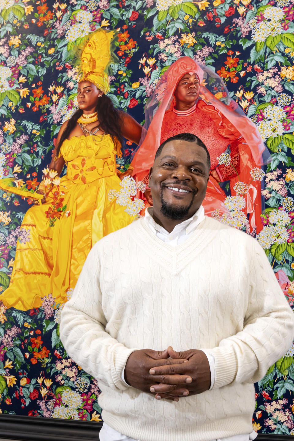 Kehinde Wiley poses for a portrait at Sean Kelly Gallery, Thursday, April 27, 2023, in New York. (Photo by Charles Sykes/Invision/AP)