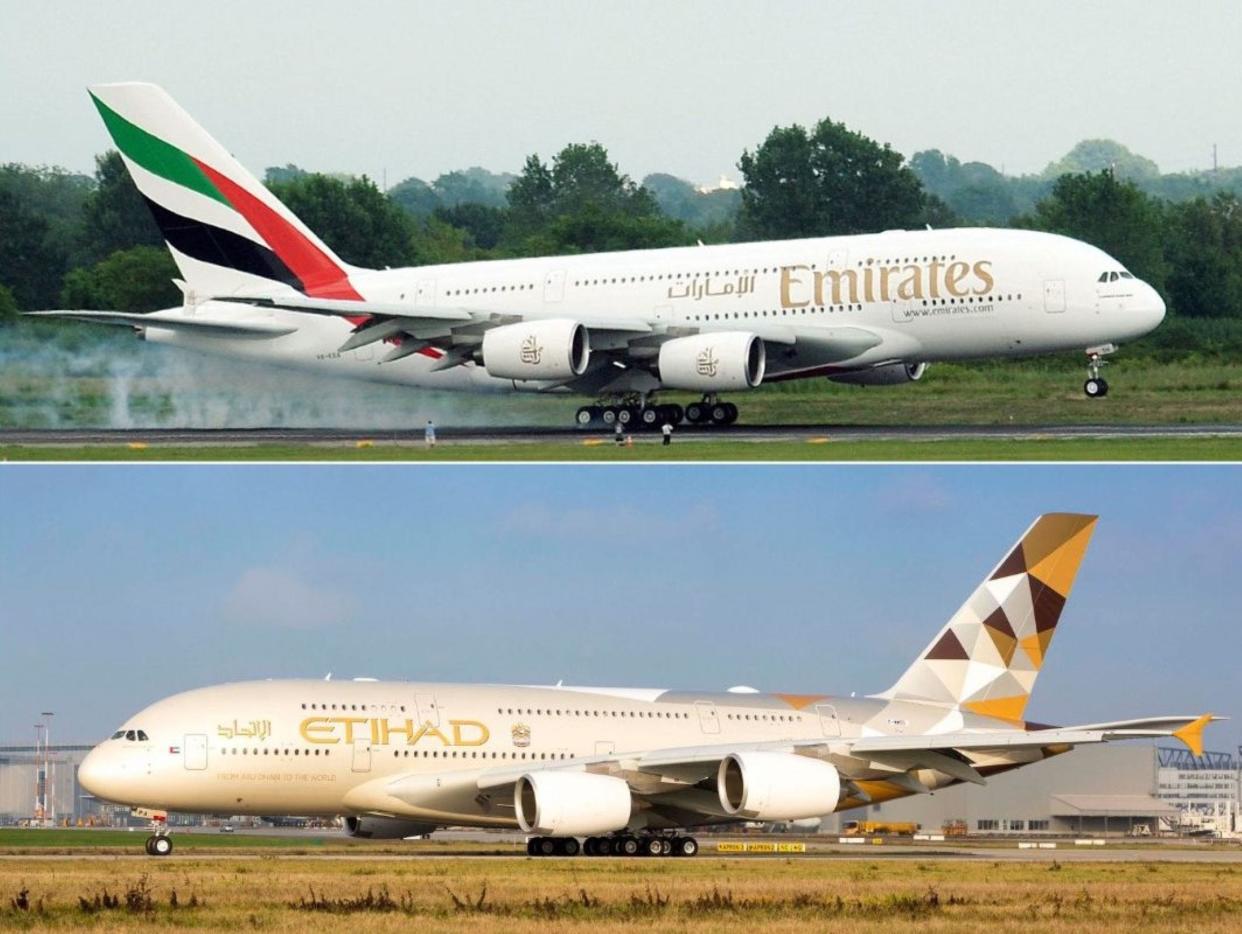 Emirates A380 stitched with a photo of an Etihad A380.