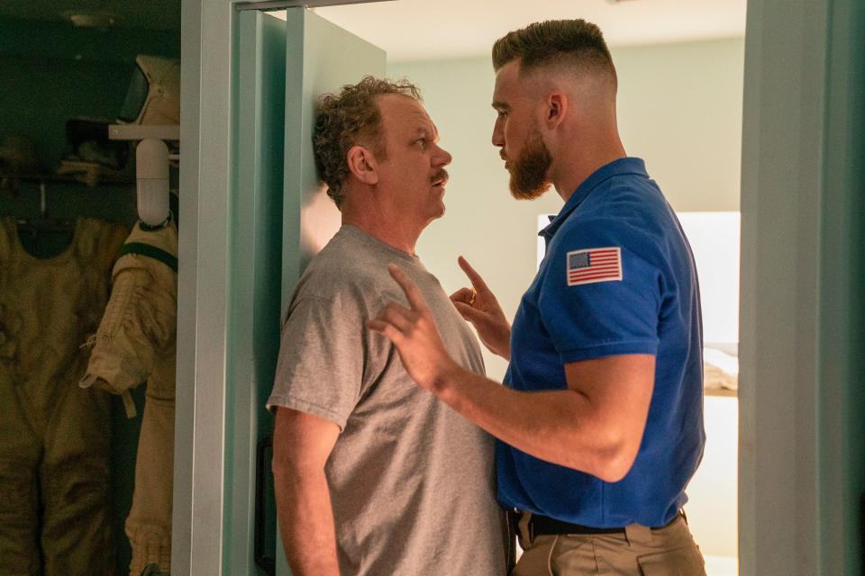 Cap (John C. Reilly), left, may be the "Moonbase 8" team leader, but Kansas City Chiefs tight end Travis Kelce, playing himself as a fellow would-be astronaut, is calling the shots on the Showtime comedy.