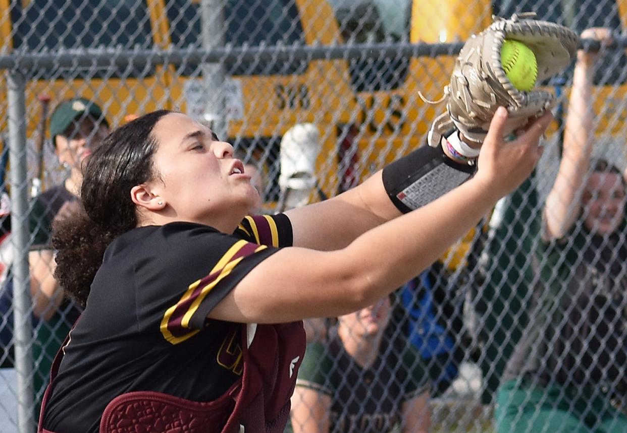 Case's Bre Fontes grabs the popup behind the plate during Monday's South Coast Conference matchup against Dighton-Rehoboth at Brown Elementary School May 6, 2024.