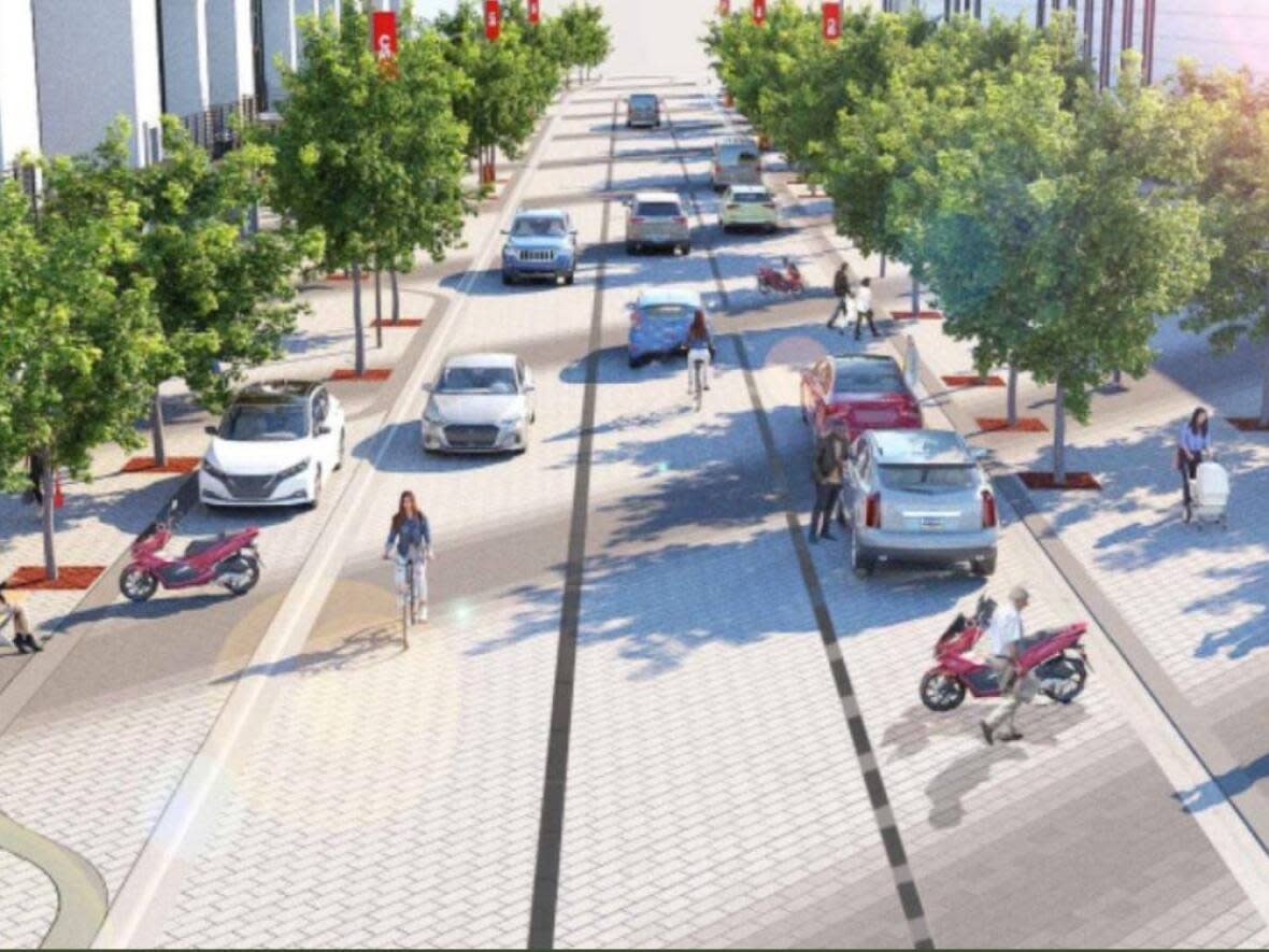 The Beltline Neighbourhoods Association isn't happy that the latest rendering of Stampede Trail no longer shows separated bike lanes.  (Submitted by Calgary Municipal Land Corperation - image credit)