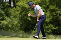 Justin Thomas reacts after a putt on the ninth hole during the second round of the U.S. Open golf tournament at The Country Club, Friday, June 17, 2022, in Brookline, Mass. (AP Photo/Charles Krupa)