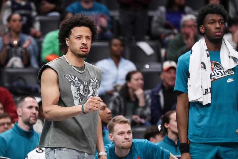 Detroit Pistons guard Cade Cunningham reacts to a play against the Brooklyn Nets during the second half at Little Caesars Arena in Detroit on Wednesday, April 5, 2023.