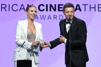 <p>Jeremy Renner helps honor Marvel costar Scarlett Johansson during the 35th annual American Cinematheque Awards on Nov. 18 in Beverly Hills. </p>