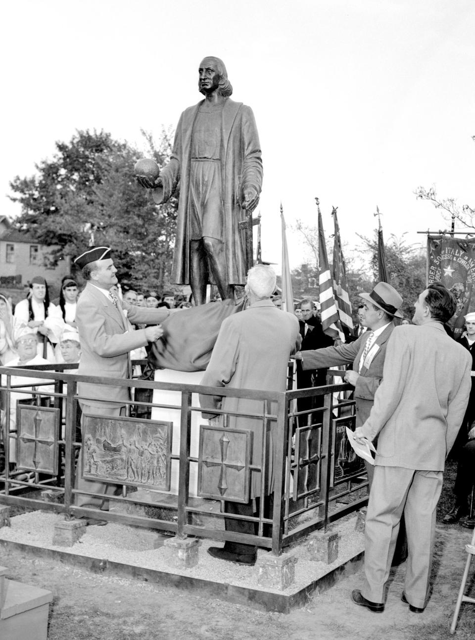 The statue of Christopher Columbus, at the intersection of Memorial Boulevard and Bellevue Avenue in Newport, is unveiled in this photo from Oct. 12, 1953.