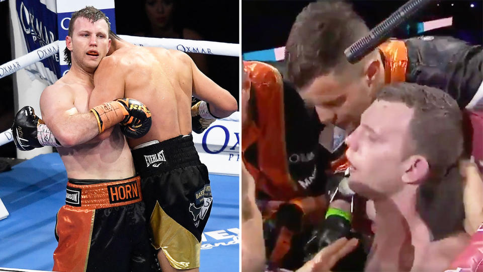 Seen here, a battered Jeff Horn weighs up whether to keep fighting after the eighth round against Tim TSzyu.