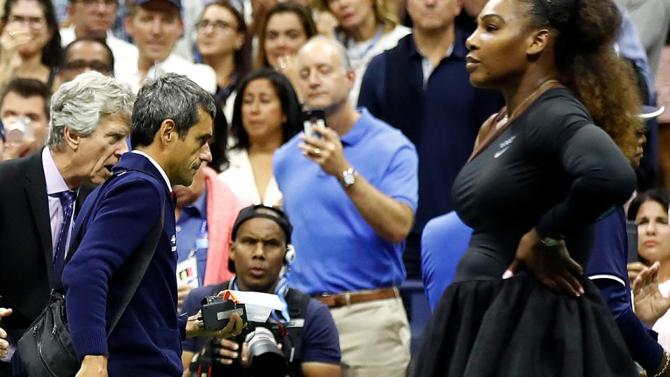 Serena Williams looks on as Carlos Ramos leaves the court. (Photo by Julian Finney/Getty Images)