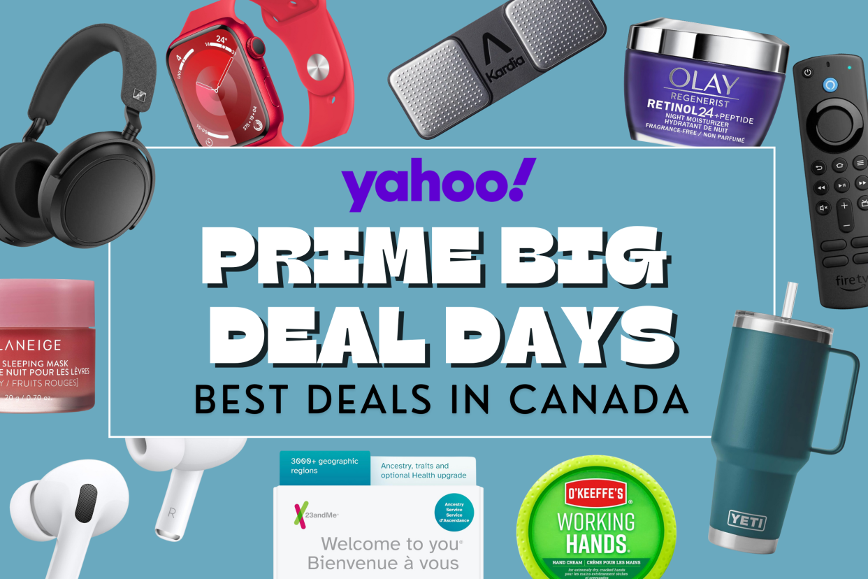 collage of amazon products on sale, yeti mug, fire tv stick, apple watch, apple airpods, Prime Big Deal Days 2024: The absolute best (and steepest!) October Prime Day deals to shop on Amazon Canada (Photos via Amazon).