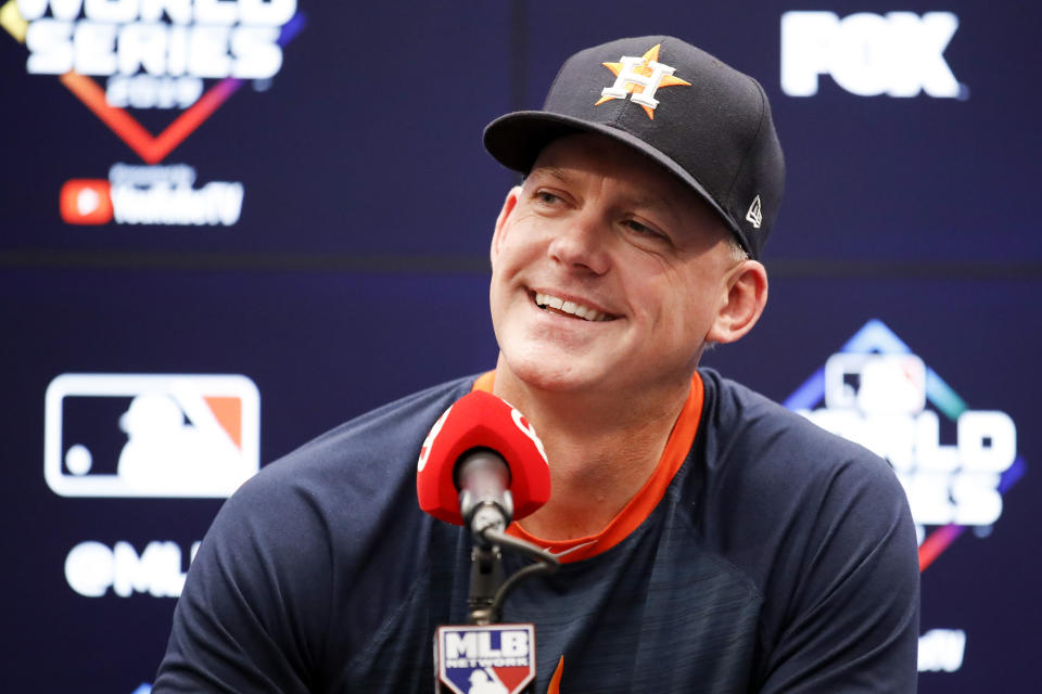 FILE - In this Oct. 27, 2019, file photo, Houston Astros manager AJ Hinch speaks during a news conference before Game 5 of the baseball World Series against the Washington Nationals in Washington. The Detroit Tigers have hired AJ Hinch to be their new manager, giving him a chance to return to a major league dugout after he was fired by Houston in the wake of the Astros’ sign-stealing scandal. (AP Photo/Alex Brandon, File)