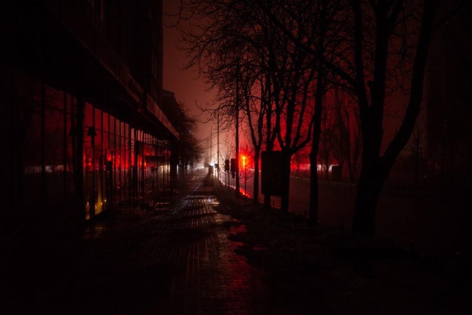 Empty boulevard in Kyiv on Nov. 24, 2022, during a power outage following Russian attacks on the electric grid. (Andre Luis Alves/Anadolu Agency via Getty Images)