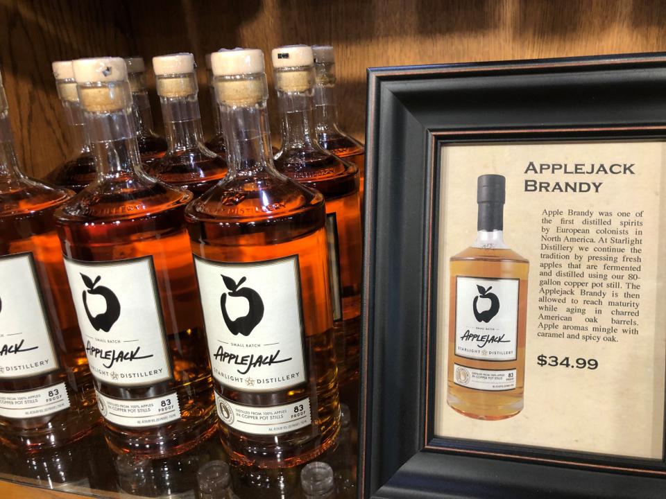 Once it's pressed, apple cider is fermented to make applejack brandy at Huber's Orchard and Winery.