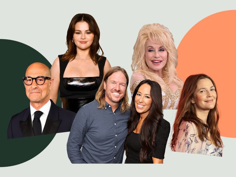 Graphic collage of Stanley Tucci, Selena Gomez, Dolly Parton, Chip and Joanna Gaines, and Drew Barrymore