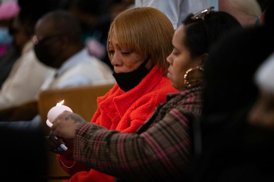 Relatives and loved ones gather to honor the life of Michigan State University shooting victim Arielle Anderson, 19, during a candlelight vigil at First English Evangelical Lutheran Church in Grosse Pointe Woods, Saturday, Feb. 18, 2023.