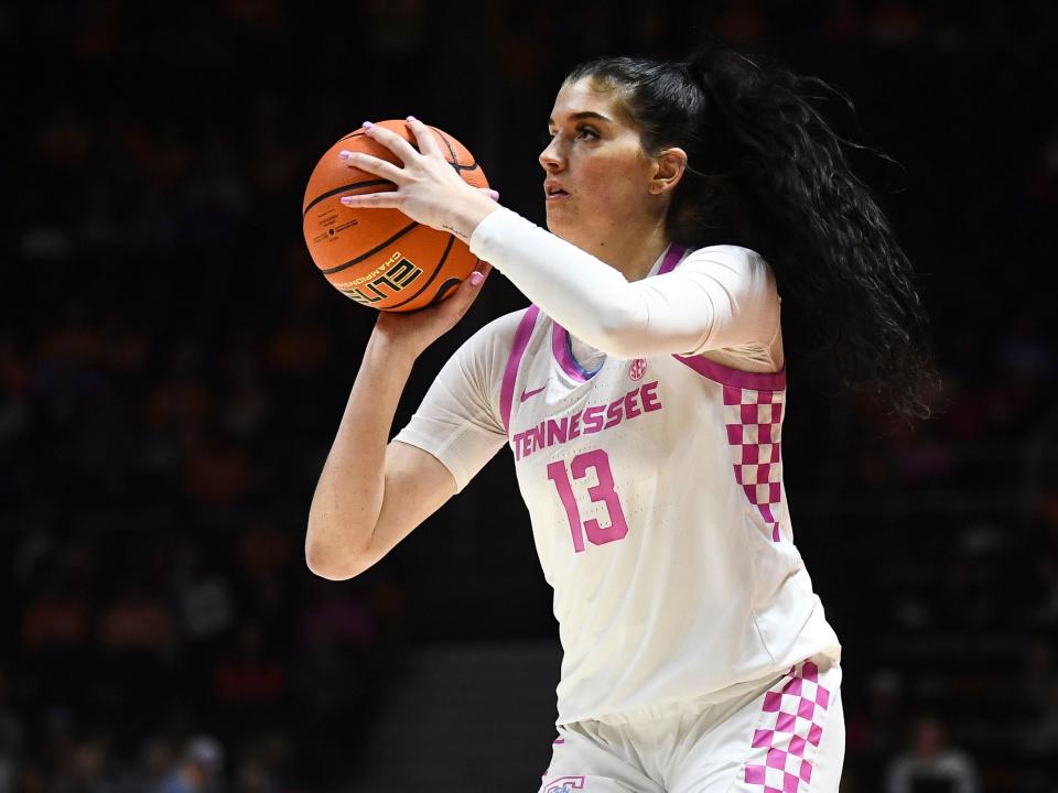 Tennessee's Justine Pissott (13) hits the 3-point shot during the NCAA college basketball game against Vanderbilt on Sunday, February 12, 2023 in Knoxville, Tenn.  