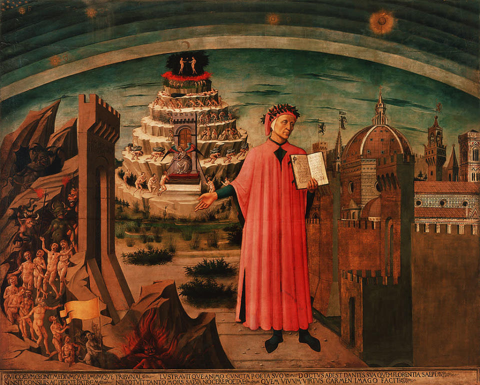 Dante sostiene su obra &quot;La Divina Comedia&quot;. A un lado se representa a Florencia y al otro una visi&#xf3;n del infierno. Detr&#xe1;s de Dante las figuras humanas intentan realizar el dif&#xed;cil ascenso al cielo.