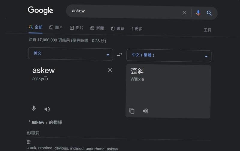 網友發現，使用Google搜尋「askew」（歪斜），瀏覽器畫面真的會整頁歪掉。（翻攝自Google瀏覽器）