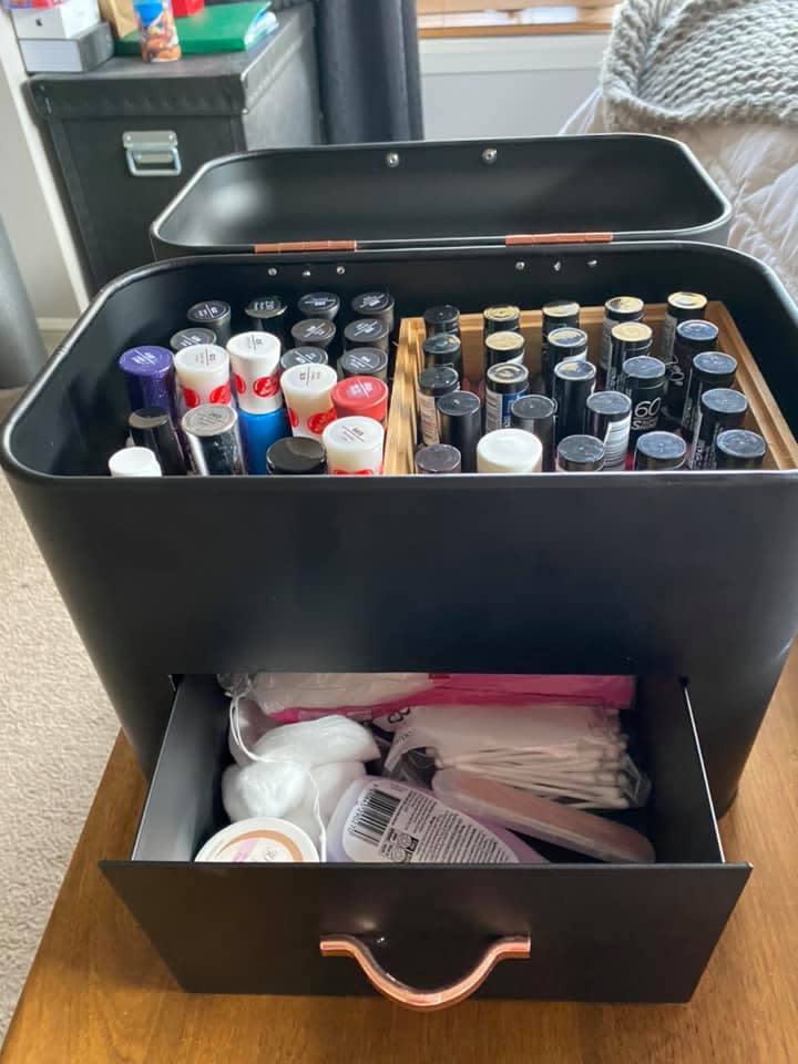 With a few easy tweaks, the bread bin is now a stylish nail polish caddy. Photo: Facebook (supplied).