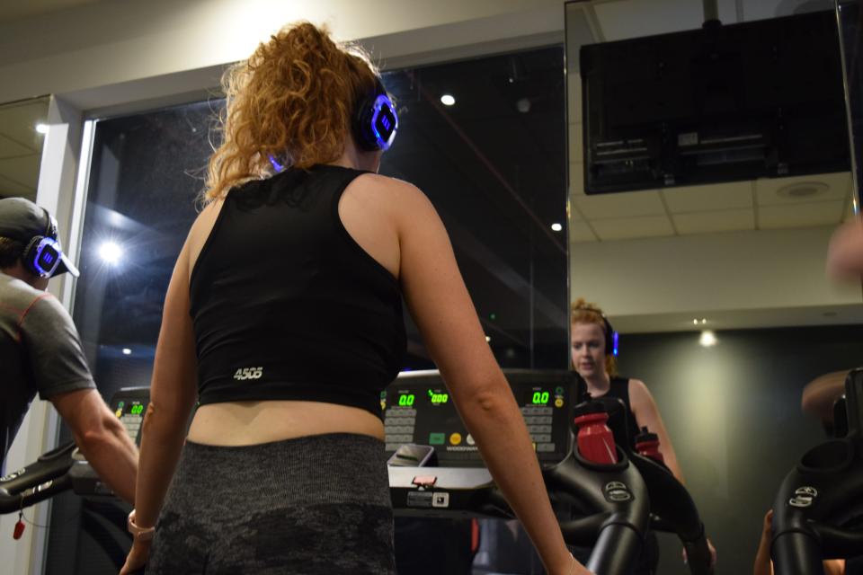 Reporter Kate Duffy on the treadmills during the fitness class.