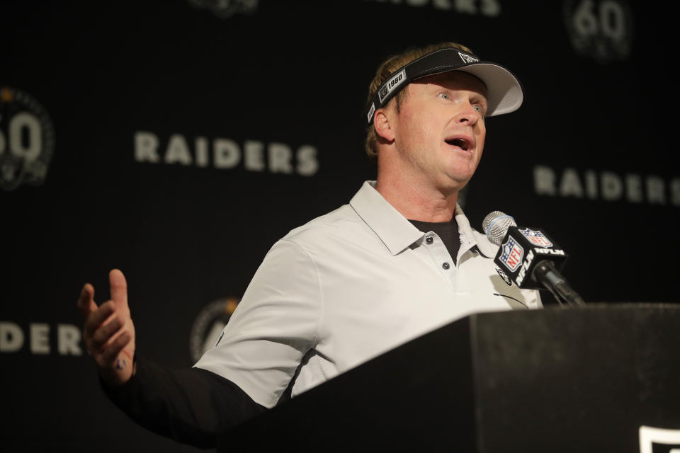 After a fitting, chaotic Oakland Coliseum finale, Jon Gruden says the NFL apologized for a critical botched call. (AP Photo/Ben Margot)