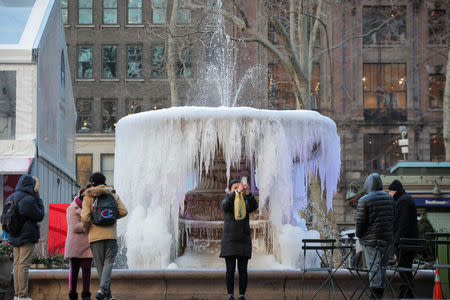 A woman takes a selfie in front of a mostly frozen Bryant Park fountain, as record low temperatures spread across the Midwest and Eastern states, in New York City, U.S., January 31, 2019. REUTERS/Brendan McDermid