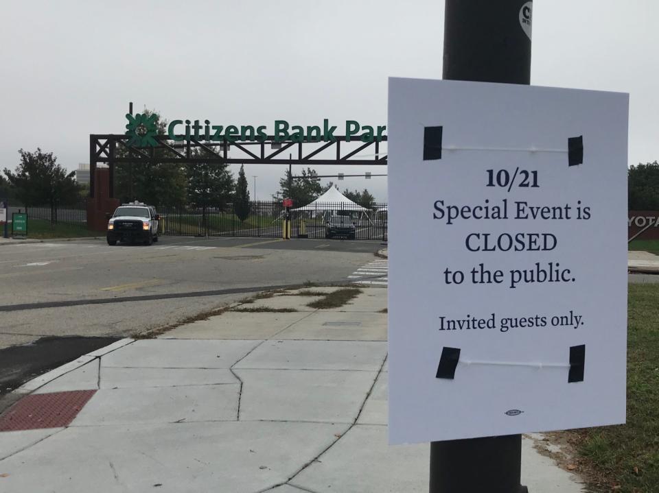 A sign posted outside of Citizens Bank Park in Philadelphia Wednesday describes a "special event" where President Barack Obama was to speak to supporters in cars.