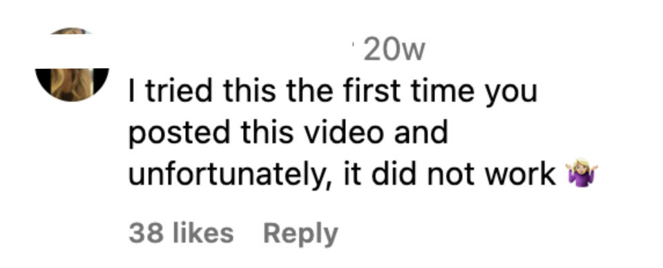User jacquelinedorr commenting with skepticism on a video post 20 weeks ago, receiving 38 likes