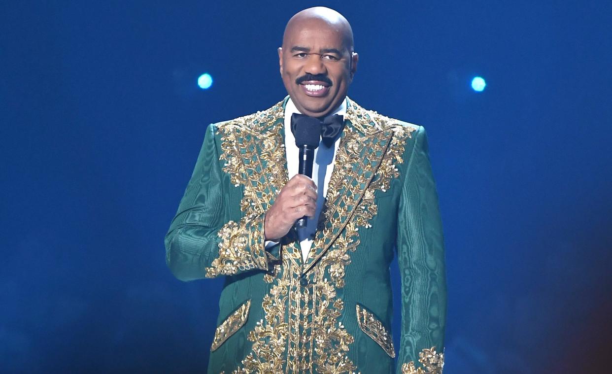 Steve Harvey speaks onstage during 2019 Miss Universe Pageant at Tyler Perry Studios on December 08, 2019 in Atlanta, Georgia.