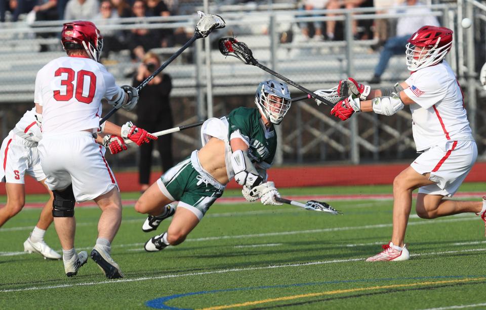 Pleasantville's Daniel Picart (10) during game against Somers during boys lacrosse action at  Somers High School April 4, 2023. Pleasantville won the game 13-5.