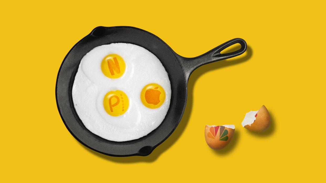  Frying pan with a triple yolk fried egg stamepd with Netflix, Apple and Peacock logos. 