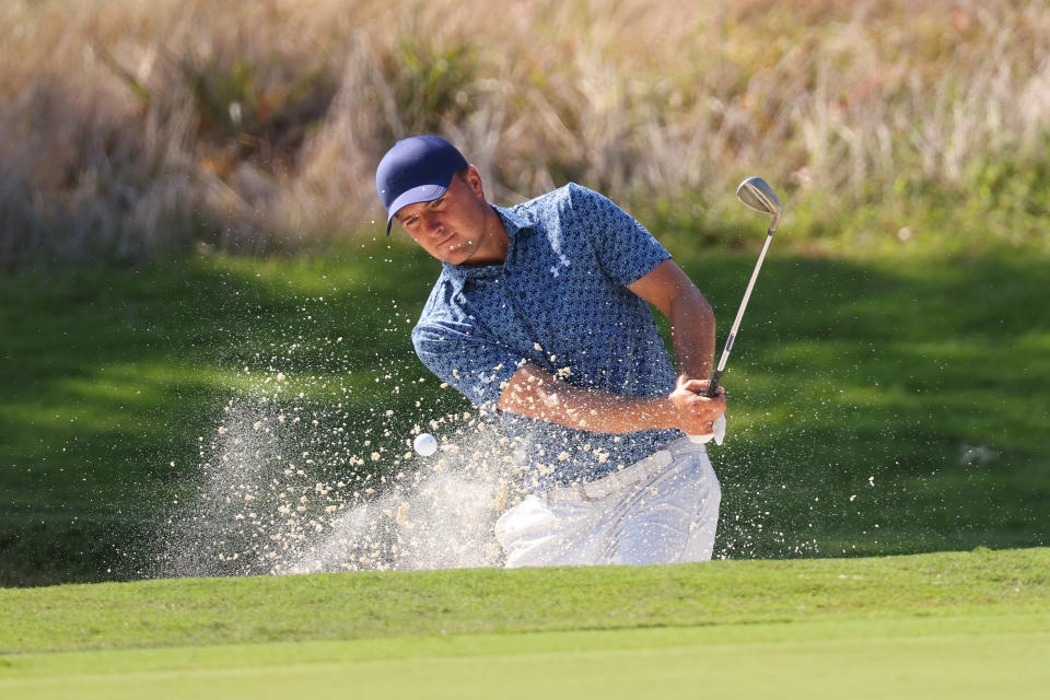 MEMPHIS, TENNESSEE - AUGUST 16: Jordan Spieth of the United States plays a shot from a bunker on the first hole during the second round of the FedEx St. Jude Championship at TPC Southwind on August 16, 2024 in Memphis, Tennessee. (Photo by Mike Mulholland/Getty Images)