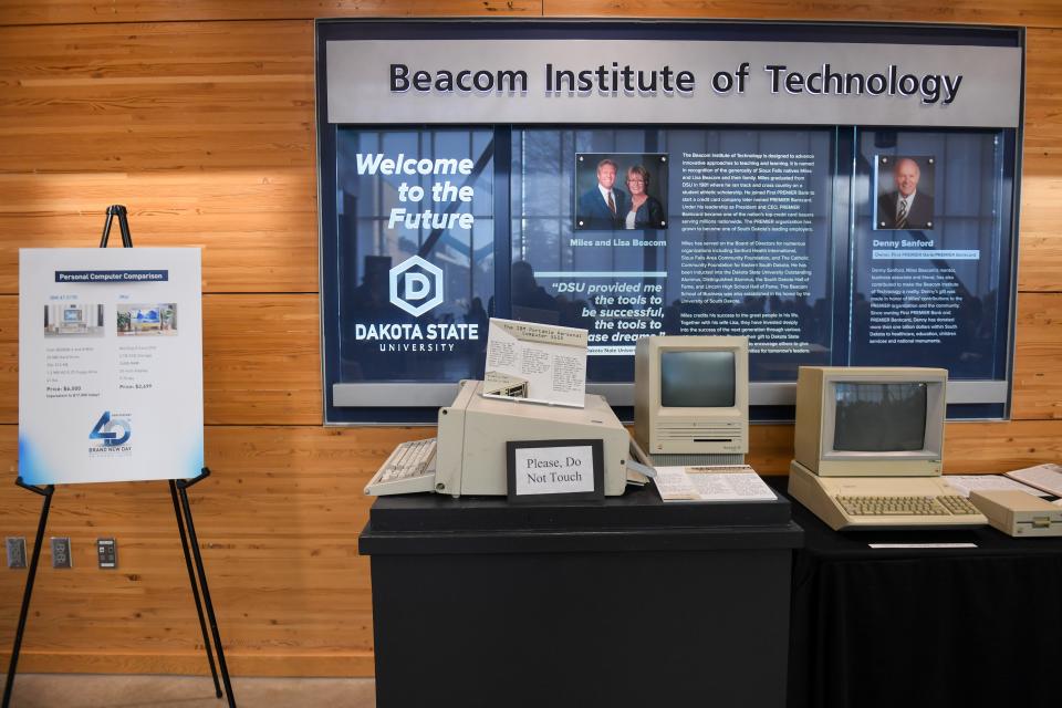 A display of older generation computers including IBM and Macintosh on Thursday, Feb. 29, 2024 at Dakota State University in Madison. The computers were on display during the DSU’s 40th mission change anniversary event.