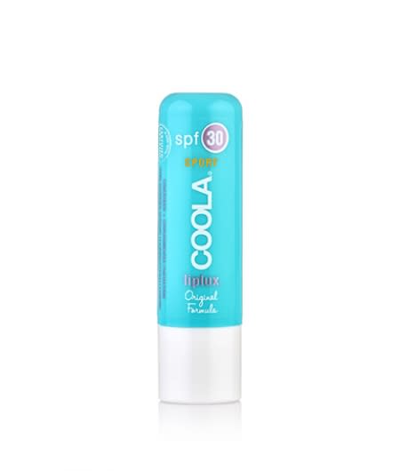 This lip treatment is enhanced with fruit butters like raspberry and avocado. It’s a bit waxy on application but not sticky, and it lasts through an afternoon in the sand and surf. Coola SPF Liplux SPF 30 ($12)