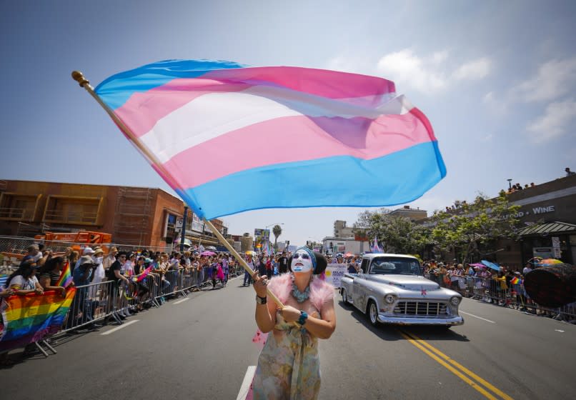 Sister Yesate of the Sisters of Perpetual Indulgence waves a transgender flag while walking the annual San Diego Pride Parade.