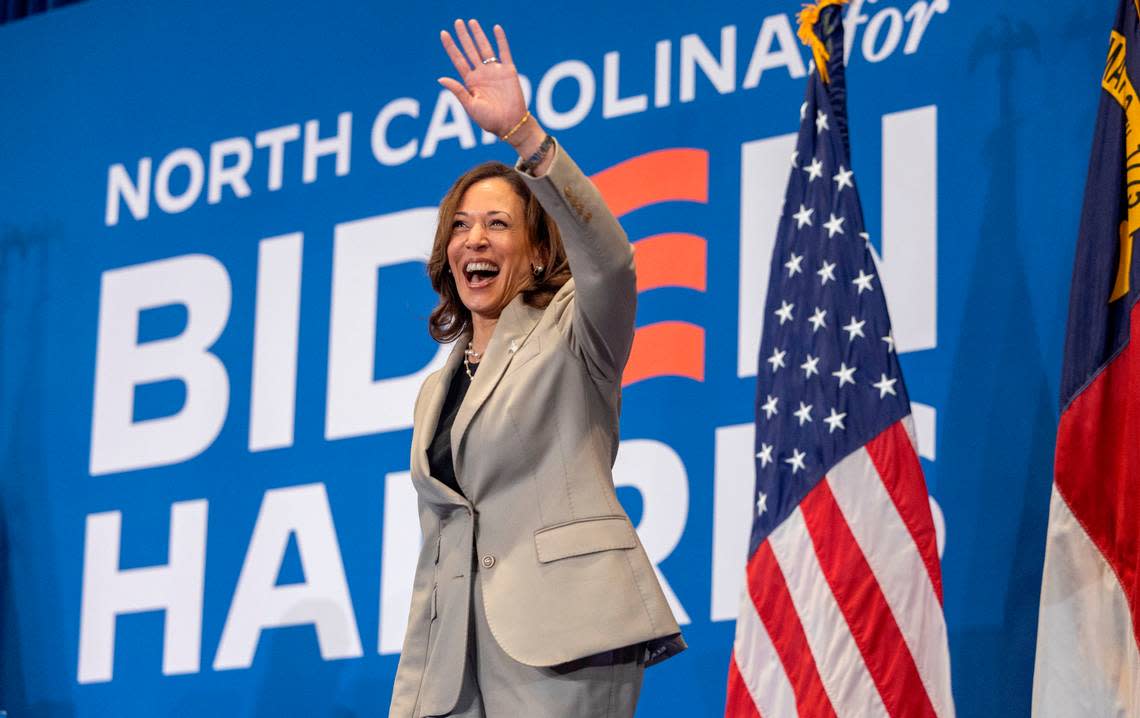 Vice President Kamala Harris arrives for a rally during a campaign stop at Westover High School on Thursday, July 18, 2024 in Fayetteville, N.C.