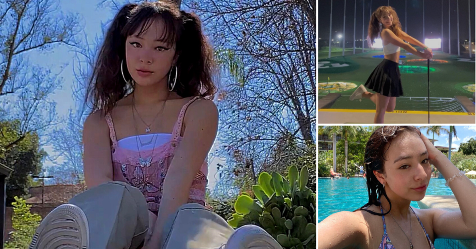 Photos of actress Aubrey Anderson-Emmons taken from her Instagram account. At left, she sits with her hair in high pigtails, wearing a pink butterfly tank top in a garden; top right she wears a mini pleated skirt and white crop top holding a walking stick; at bottom right she sits in a pool wearing a bikini.