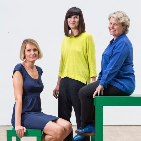 Founders and leaders of the Women's Equality Party Sandi Toksvig (blue shirt), Catherine Mayer (yellow shirt) and Sophie Walker.  - Credit: David Levene/eyevine