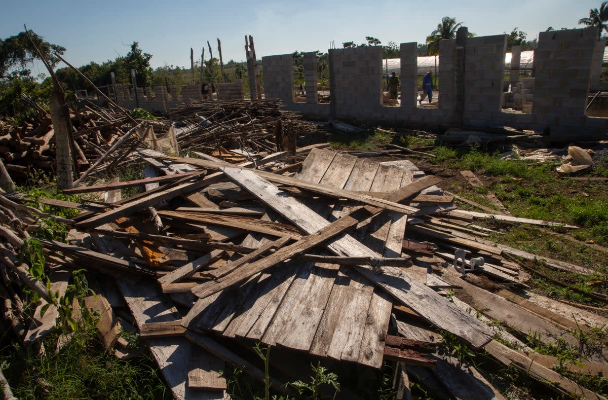 Workers construct a new tobacco house, as they recover from the destruction caused by 2022's Hurrican Ian in  Pinar del Río, Cuba (AP)