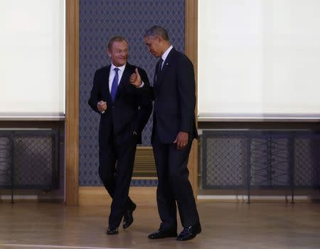 U.S. President Barack Obama (R) meets Polish Prime Minister Donald Tusk at the Chancellery of the Prime Minister in Warsaw June 3, 2014. REUTERS/Kevin Lamarque