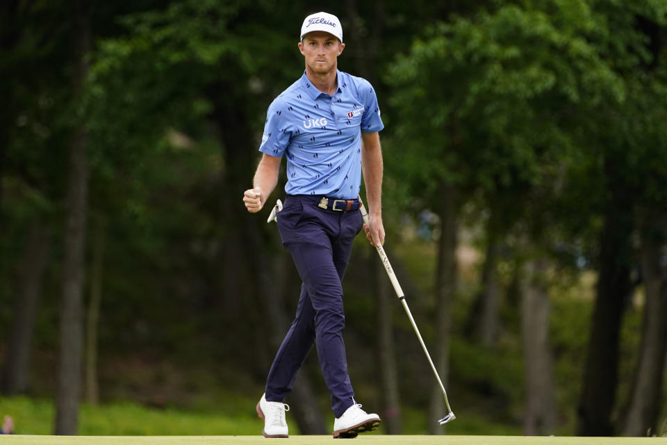 Will Zalatoris reacts after a putt on the 11th hole during the final round of the U.S. Open golf tournament at The Country Club, Sunday, June 19, 2022, in Brookline, Mass. (AP Photo/Julio Cortez)