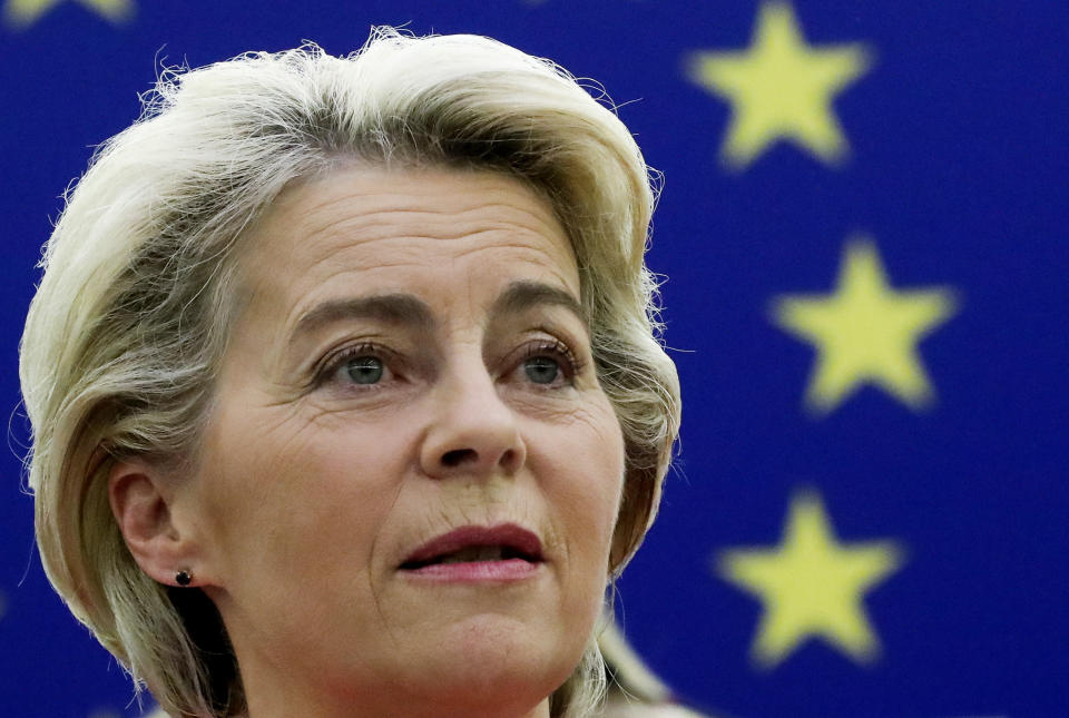 European Commission President Ursula von der Leyen delivers a State of the Union Address at the European Parliament in Strasbourg, France, Wednesday, Sept. 15, 2021. The European Union announced Wednesday it is committing 200 million more coronavirus vaccine doses to Africa to help curb the COVID-19 pandemic on a global scale. (Yves Herman, Pool via AP)