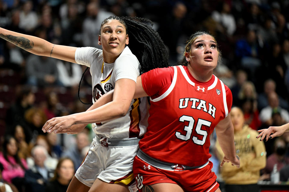 Utah's Alissa Pili gave South Carolina's Kamilla Cardoso all sorts of trouble during the Gamecocks' win over the Utes on Dec. 10. (Greg Fiume/Getty Images)