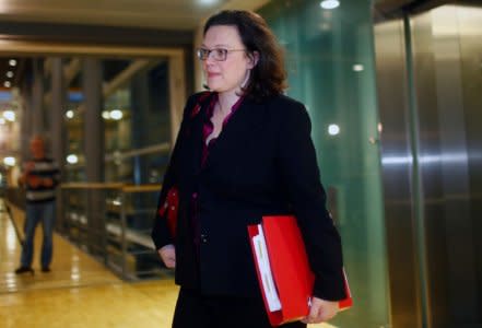 Social Democratic Party (SPD) parliamentary group leader Andrea Nahles arrives for talks to form a new government in Berlin, Germany, December 20, 2017. REUTERS/Hannibal Hanschke