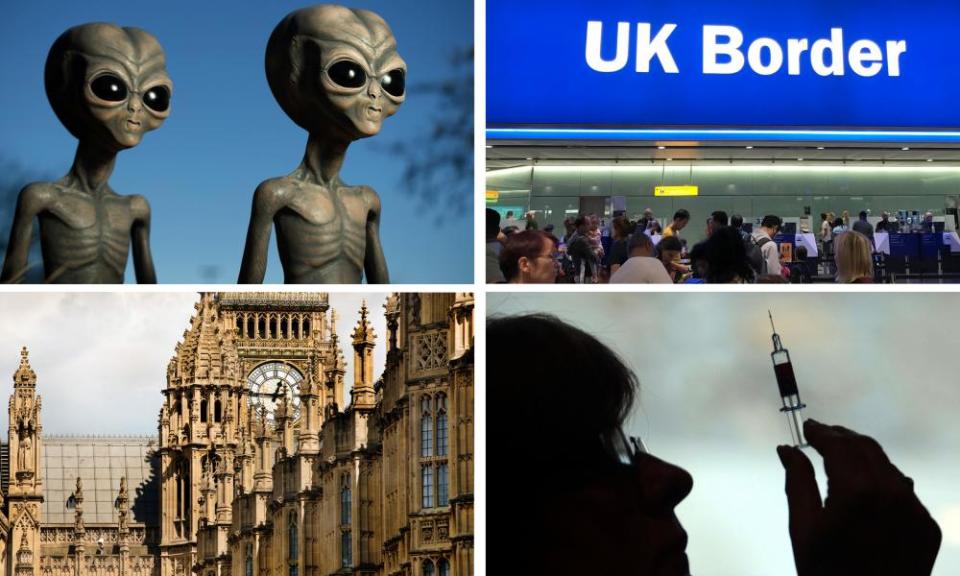 Aliens, UK border controls, Westminster, person holding syringe